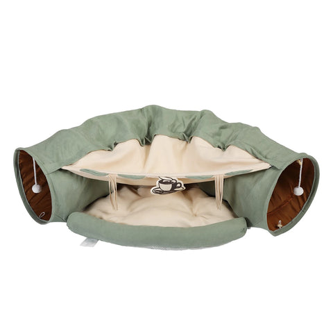 Cat's Telescopic Tunnel Cushioned Bed with Teasing Balls & Zipper Connection
